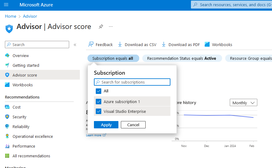 A snip of the Azure Portal showing that I can see multiple subscriptions in one place in Azure Advisor. I make no apologies for the awful naming of my subscriptions!