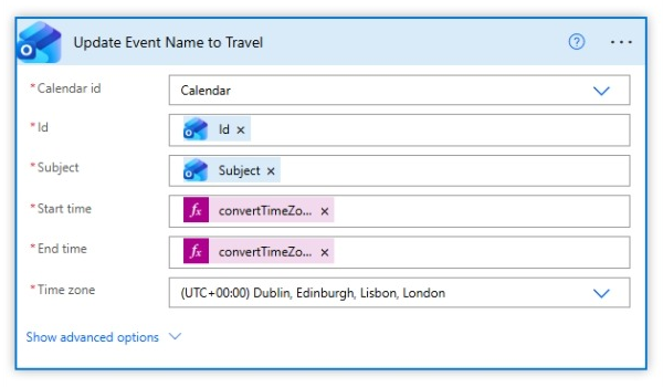 Travel update action with a convertTimeZone formula in both time fields and London selected as the time zone.