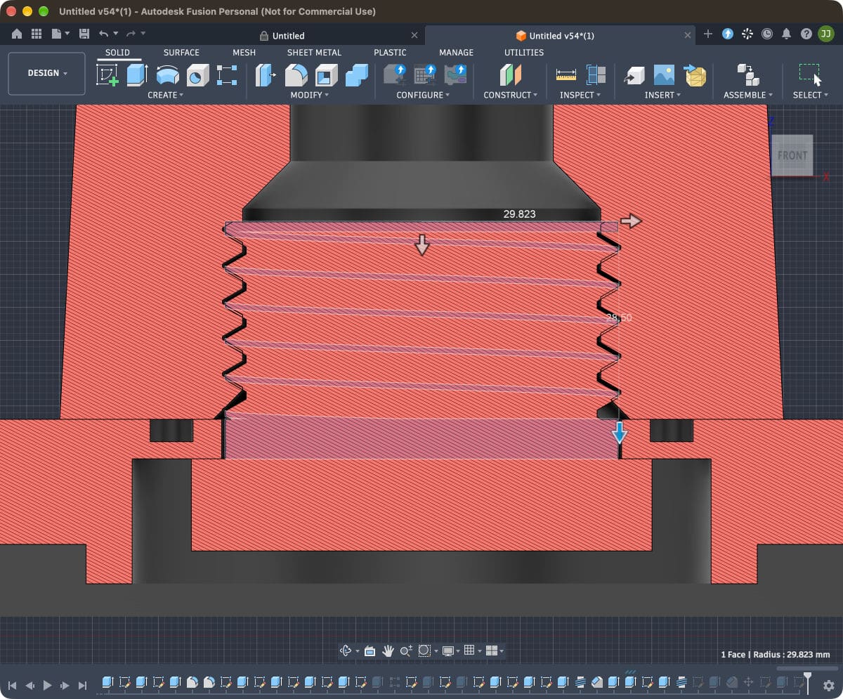 Section view in Fusion through the lower joint, showing a printed M60 thread on a hollow bolt engaging a threaded socket in the column.