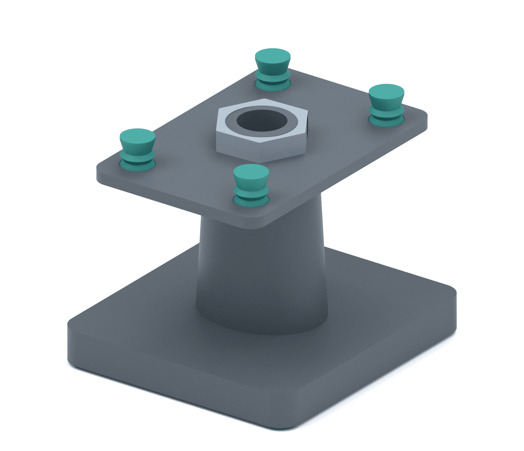 Render of a single assembled speaker stand with a graphite base and column, light grey cover, and teal TPU pads on the platform.